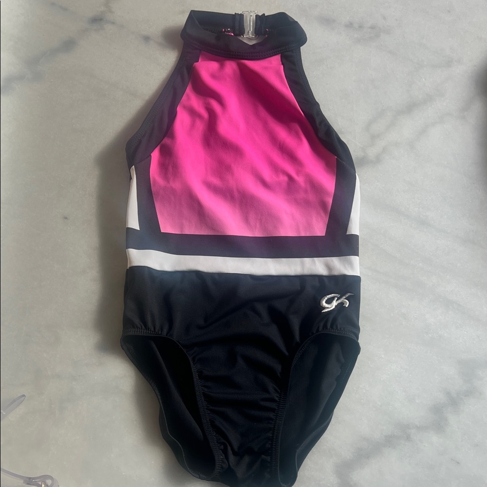 Girls High-Neck GK leotard with Pink Front Panel